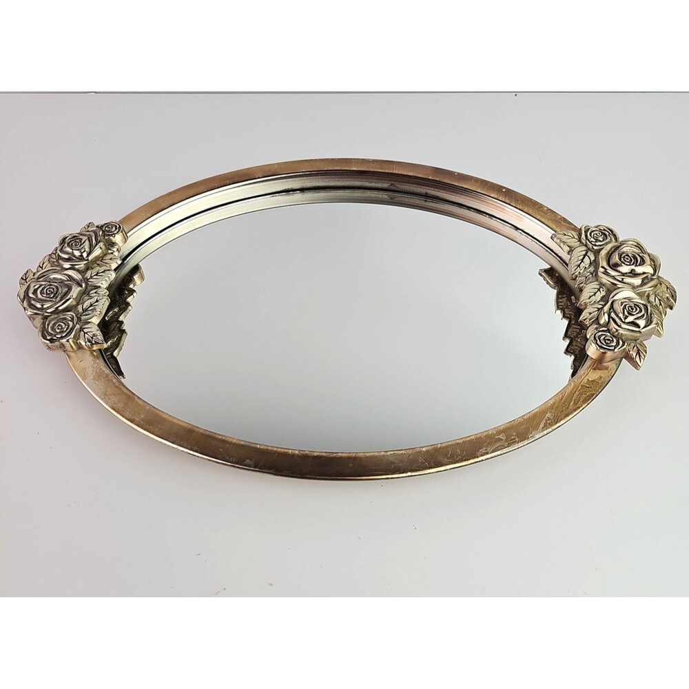 Godinger Vintage Silver Plated Oval Mirrored Vanity Tray with Rose Handles 14in